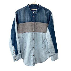 We the Free People Moto Colorblock Shirt S Oversized Blue Denim Chambray Snap